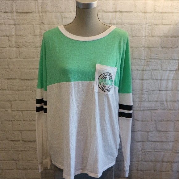PINK Victoria's Secret Tops - 4/$30 🌷PINK | Oversized Green & White Long Sleeve